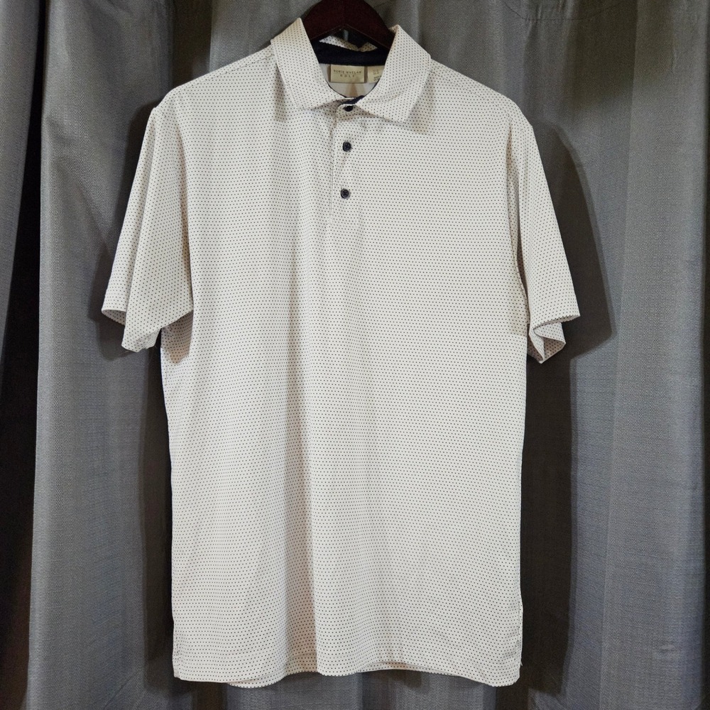 Rorie Whelan Golf Mens Medium White Navy Polka Dot Performance Polo Shirt - Picture 1 of 6